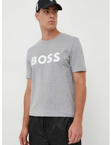Bavlněné tričko BOSS šedá barva, s potiskem, 50495742