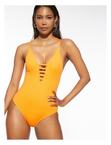 Koton Swimsuit Deep V-Neck Window Detailed Straps Coated Textured