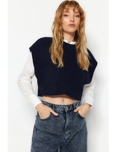 Trendyol Navy Blue Crop Crew Neck Pletený svetr