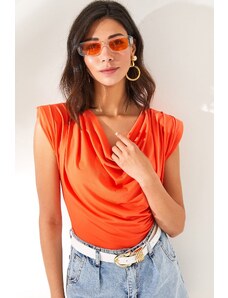 Olalook Women's Orange Waisted Detach Collar Flowy Blouse