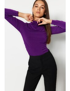 Trendyol Purple Shirring Detail Stand Collar Fitted/Long Sleeves, Fitted Knitted Stretch Blouse