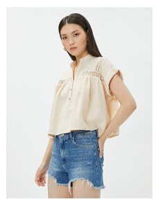 Koton Crop Bohemian Blouse Wide Collar Ribbon Crochet Detailed