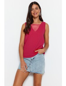 Trendyol Fuchsia V-Neck Mesh Detailed Crepe Knitted Blouse