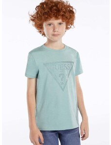 Dětské tričko Guess tyrkysová barva, s potiskem
