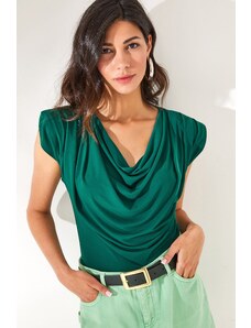 Olalook Women's Emerald Green Waisted Collar Flowy Blouse
