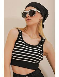 Trend Alaçatı Stili Women's Black Striped Striped Summer Crop Knitwear Blouse