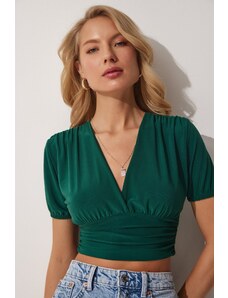 Happiness İstanbul Women's Emerald Green Deep V Neck Crop Sandy Knitted Blouse