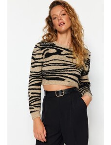 Trendyol Mink Crop Měkký texturovaný pletený svetr