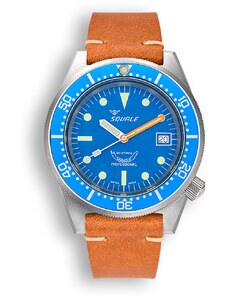 Squale Watches Stříbrné pánské hodinky Squale s koženým páskem 1521 Blue Blasted Leather - Silver 42MM Automatic