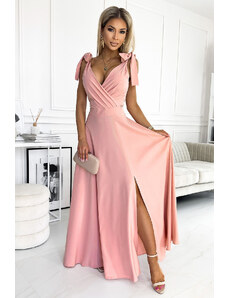 numoco ELENA - Dlouhé dámské šaty ve špinavě růžové barvě s výstřihem a zavazováním na ramenou 405-3