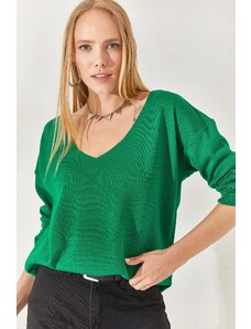 Olalook Grass Green V-Neck Loose Knitwear Blouse