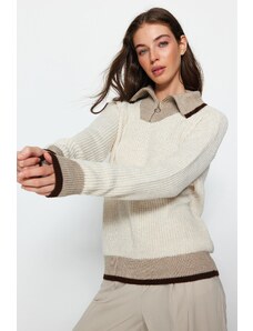 Trendyol Mink Color Block Hooded Collar Knitwear Sweater