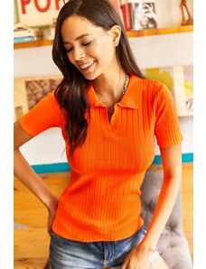 Olalook Women's Neon Orange Polo Neck Corduroy Sweater Blouse