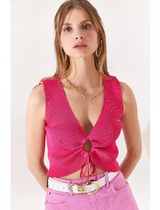 Olalook Women's Fuchsia V-Neck Decollete Pleated Crop Knitwear Blouse