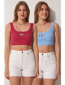 Happiness İstanbul Women's Dark Pink Sky Blue 2-pack Panda Embroidery Knitted Crop Top