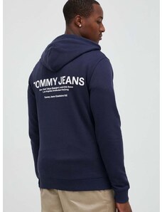 Bavlněná mikina Tommy Jeans pánská, tmavomodrá barva, s kapucí, s potiskem