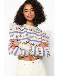 Trendyol Stone Self Patterned Crew Neck Pletený svetr