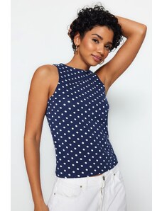 Trendyol Navy Blue Polka Dot Printed Cotton Halterneck Fitted/Slip-On Knitted Singlets