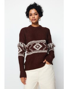 Trendyol hnědý pletený svetr s výstřihem