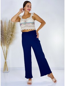 Webmoda Letní dámské plisované široké kalhoty - tmavě modré