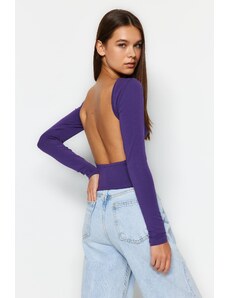 Trendyol Purple Deep Decollete Fitted/Situated Cotton Stretch Knitted Blouse