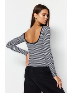 Trendyol Black And White Striped Decollete Fitted/Situated Ribbed Stretch Knit Blouse