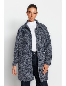 Trendyol Navy Blue Oversized Wide Cut Pocket Detailed Boucle Coat