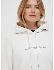 Mikina Calvin Klein Jeans dámská, béžová barva, s kapucí, s potiskem