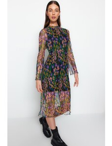 Trendyol Vícebarevná skládaná tkanina Vzorovaná Shift / Plain Lined Vysoký výstřih Midi pletené šaty
