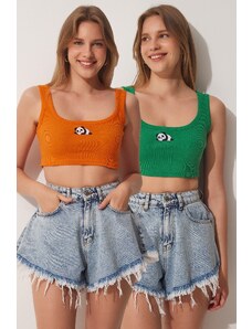 Happiness İstanbul Women's Orange Green 2-pack Panda Embroidery Knitted Crop Top