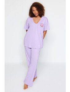 Trendyol Curve Lilac Printed, Pocket Detailed, Knitted Pajamas Set