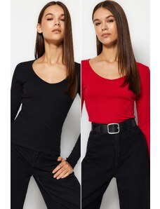 Trendyol Black-Red 2-Pack V Neck Fitted/Situated Cotton Stretch Knit Blouse