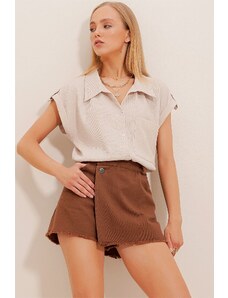 Trend Alaçatı Stili Women's Double Breasted Short Sleeve Textured Shirt With Stone Cuff