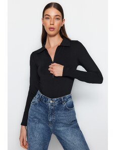 Trendyol Black Zipper Collar Detailed Snap Snap Elastic Knitted Bodysuit