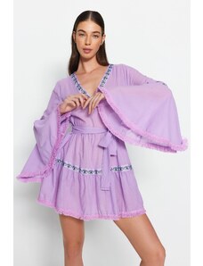 Trendyol Lilac Belted Mini tkané volánkové 100% bavlněné plážové šaty