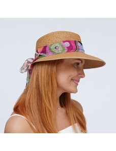 KRUMLOVANKA Letní dámská slaměná čepice s kšiltem a barevnou stuhou Fa-42671 CAMEL