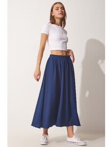 Happiness İstanbul Women's Navy Blue Flared Pocket Linen Skirt
