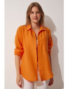 Happiness İstanbul Women's Orange Oversize Linen Ayrobin Shirt