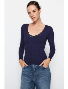 Trendyol Navy Blue V-Neck Lace Detail Ribbed Fitted/Situated Cotton Knitted Blouse in Cotton