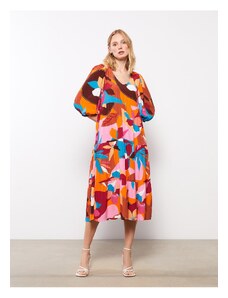 LC Waikiki Women's V-Neck Patterned Viscose Dress with Balloon Sleeves