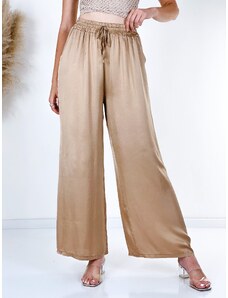 Webmoda Saténové dámské široké kalhoty s vysokým pasem - hnědé