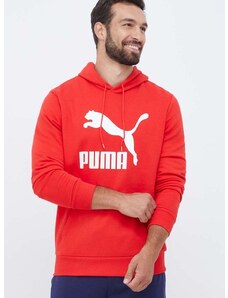 Bavlněná mikina Puma pánská, červená barva, s kapucí, s potiskem