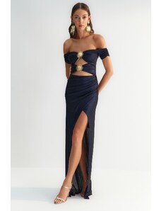 Trendyol X Zeynep Tosun Navy Blue Evening Dress &; Prom Dress with Accessory Detail