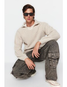 Trendyol Stone Unisex Regular Fit Polo Collar Anti-Pilling Knitwear Sweater