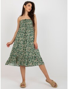 Fashionhunters Tmavě zelené květované midi šaty bez ramínek