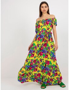 Fashionhunters Žluté španělské květinové maxi šaty s páskem