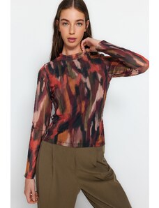 Trendyol Multi Color Printed High Neck and Lined Transparent Back Tulle Flexible Knitted Blouse