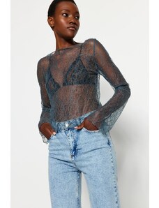 Trendyol Anthracite Fitted Crew Neck Lace Elastic Blouse