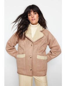 Trendyol Camel Premium Oversize široký semišový plyšový kabát