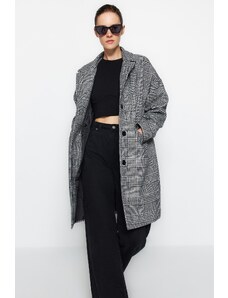 Trendyol Black Oversize široký kostkovaný dlouhý stamped kabát